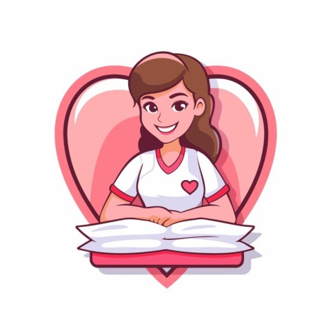 Cute cartoon girl with book in heart shape. Vector illustration.