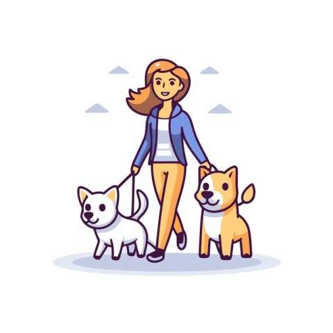 Young woman walking with cute dogs. Vector illustration in flat
