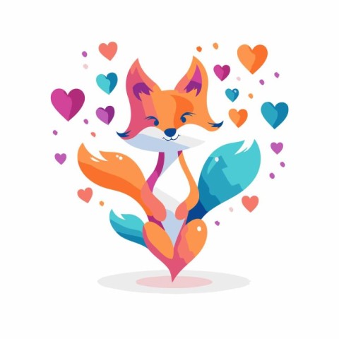 Cute fox with hearts. Vector illustration in flat cartoon style.