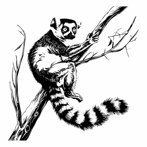 Black and white vector illustration of a lemur sitting on a bran