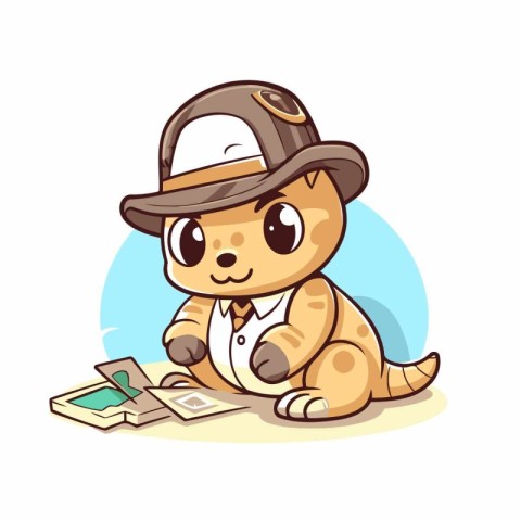 Cute dog in a hat with a mobile phone. Vector illustration.