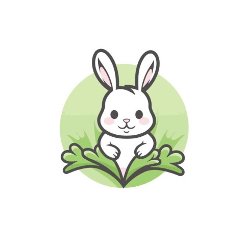Cute bunny with green leaves. Vector illustration in cartoon sty