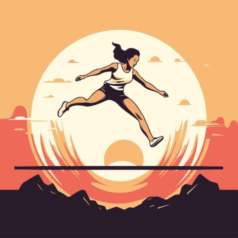 Woman running in the sunset. Vector illustration in flat design