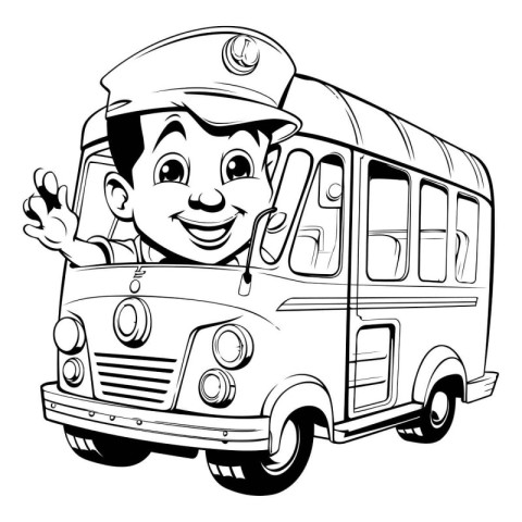 Black and white illustration of a boy in a police cap with a bus
