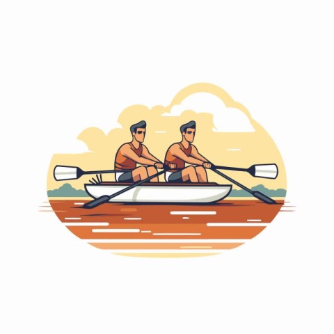 Two men rowing on the river. Flat style vector illustration.