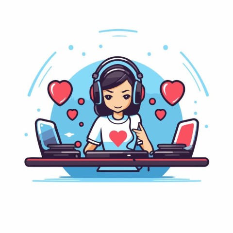 Online dating concept. Cute girl with headset and computer. Vect
