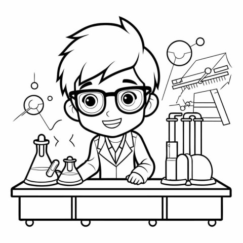 Black and white illustration of a boy doing science in a laborat
