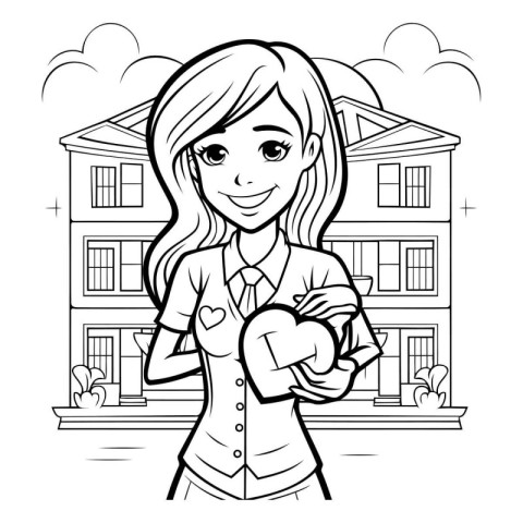 Black and White Cartoon Illustration of Teenage Girl Holding a H