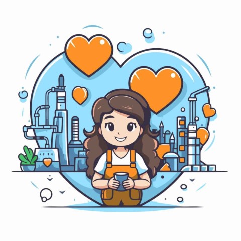 Cute girl with a cup of coffee in the city. Vector illustration.