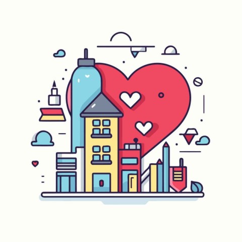 Vector illustration in flat linear style. Building. city. heart.