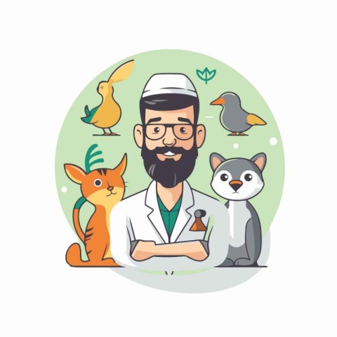 Veterinarian with cat and dog. Vector illustration in cartoon st