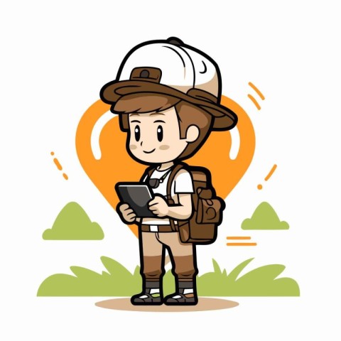 Explorer Boy with Smartphone - Cartoon Vector IllustrationïÂ