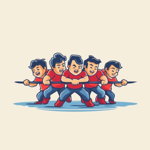 Cartoon illustration of a group of people holding a rowing rod