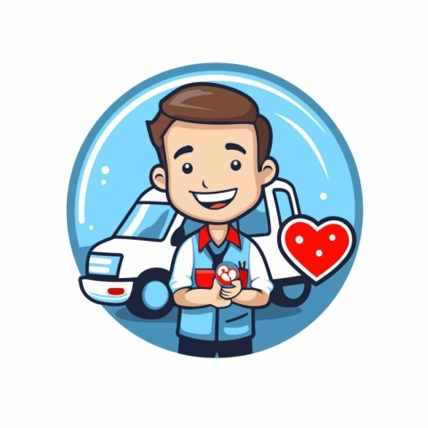 Doctor with a heart and a car on a white background. Vector illu