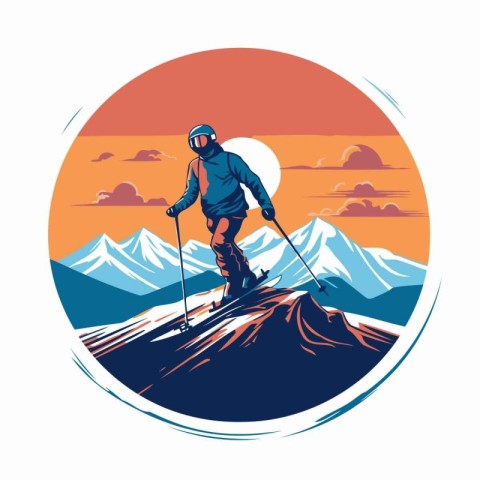 Skier on the top of the mountain. Vector illustration.