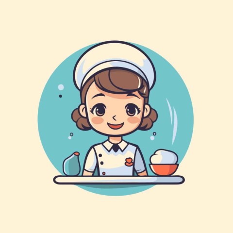 Cute chef girl in uniform and hat. Vector flat cartoon illustrat