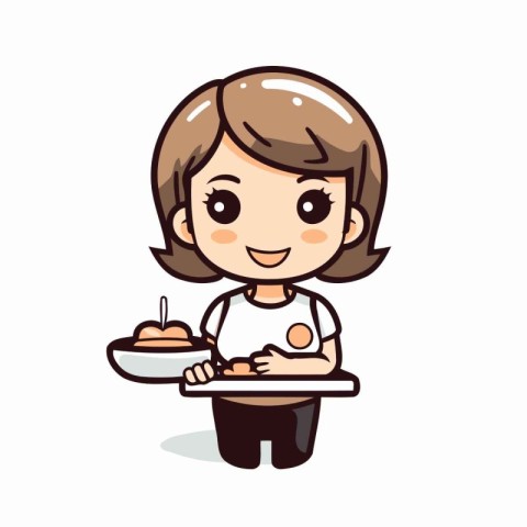 Cute Girl Eating Cake - Cartoon Vector Illustration