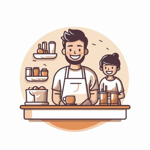 Cute little boy and his father cooking in the kitchen. Vector il