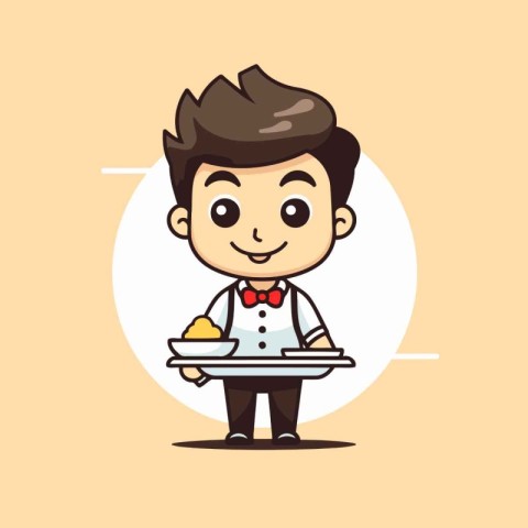 Waiter Serving Food - Cartoon Vector Illustration