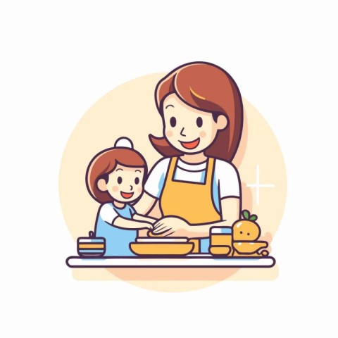 Mother and daughter cooking together in the kitchen. Vector flat