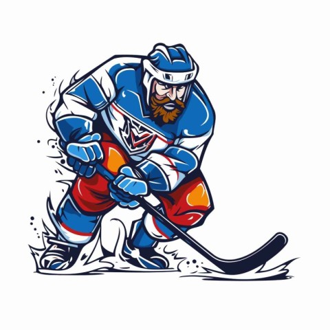 Ice hockey player with the stick and puck. Vector illustration.