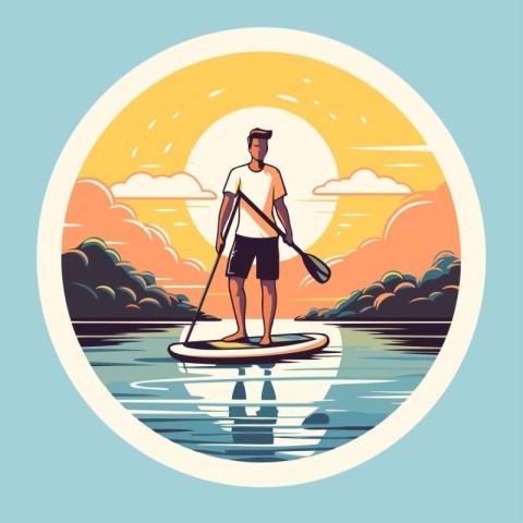 Young man on stand up paddleboard. Flat design vector illustrati