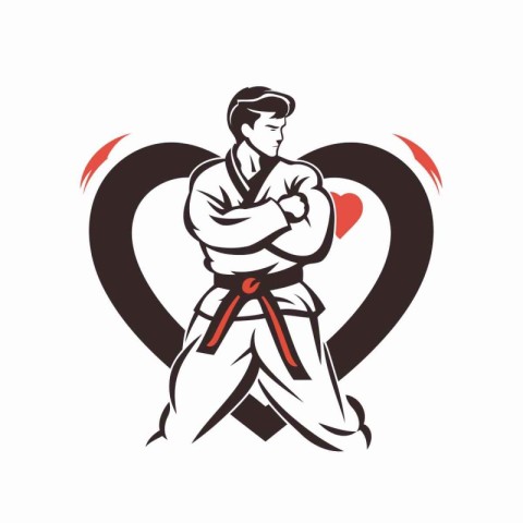 Karate man in kimono and heart. Vector illustration.
