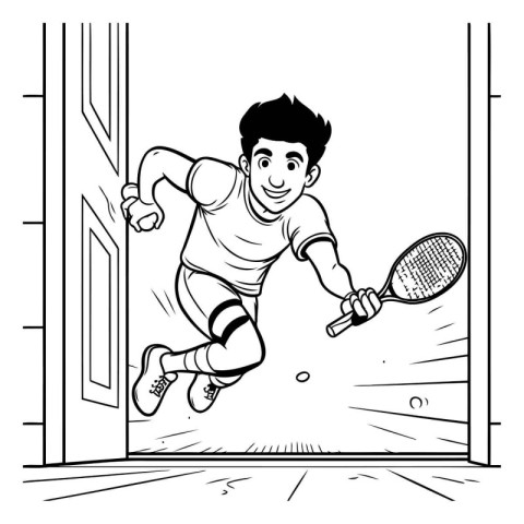 Tennis player in action. Black and white vector cartoon illustra
