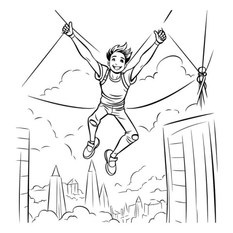 Black and white illustration of a boy jumping over the gap in th