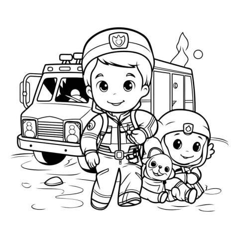 Black and White Cartoon Illustration of Little Fireman or Firema