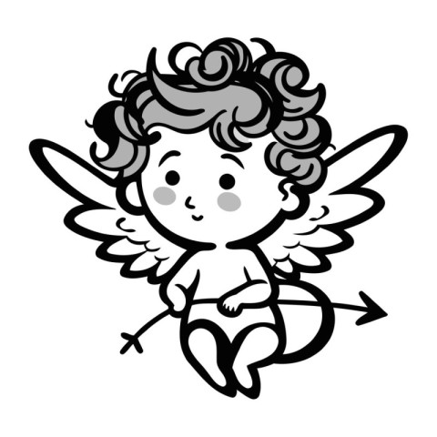 Cute Cupid Black and White Cartoon Illustration. Vector