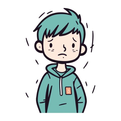 Illustration of a boy wearing a hoodie with a sad expression