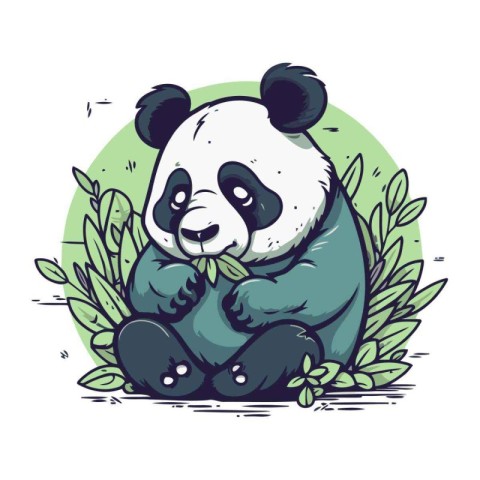Cute panda bear sitting on green leaves. Vector illustration.