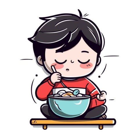 Illustration of a Kid Boy Eating Rice in a Bowl Vector