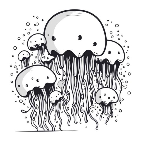 Jellyfish in the sea. Black and white vector illustration.