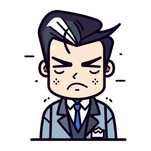 Sad Businessman Face Cartoon Vector Illustration. Line Art Sty