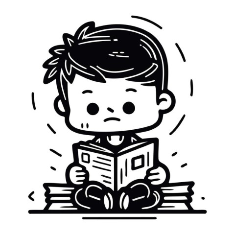 Illustration of a Kid Reading a Book Black and White Cartoon S