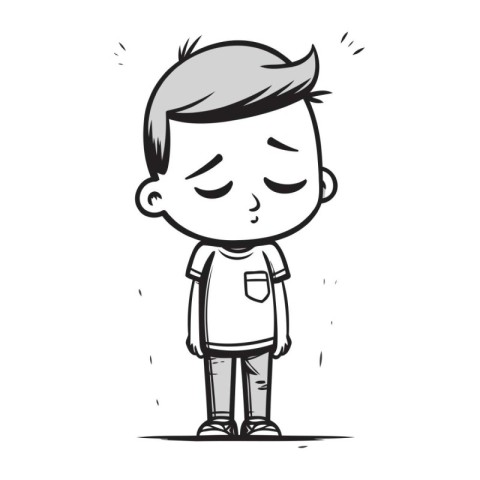 Boy Crying Black and White Cartoon Vector Illustration of a Bo
