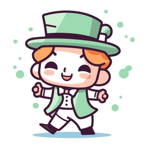 Cute cartoon leprechaun running with green hat. Vector illustrat