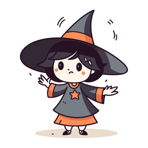 Witch Costume Cute Cartoon Halloween Witch Girl Vector Illustra
