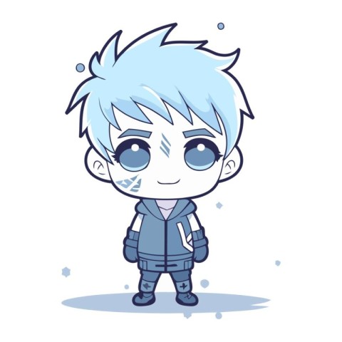 Cute cartoon boy with blue hair and blue eyes. Vector illustrati