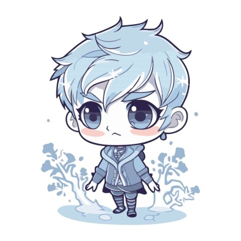 Cute cartoon boy with blue hair and big eyes. Vector illustratio