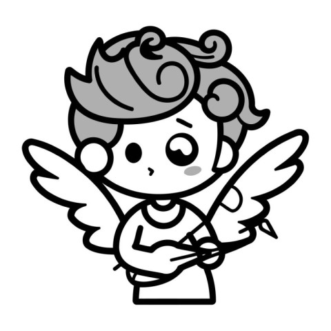 Cupid Black and White Cartoon Illustration of a Cute Angel