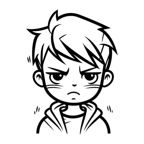 Angry boy Black and White Vector Illustration. Isolated On Whi