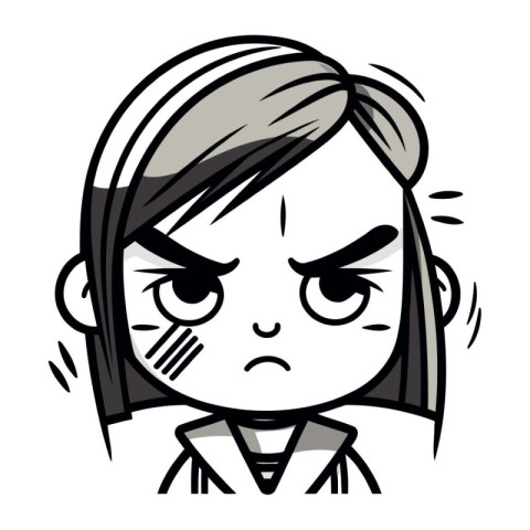 Angry Girl Black and White Cartoon Vector Illustration