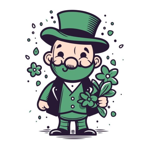 Leprechaun with flowers. St. Patricks Day vector illustration.