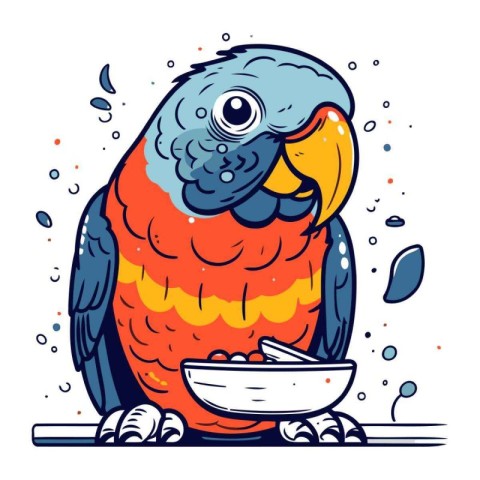 Parrot with a bowl of cereals. Vector illustration in cartoon st