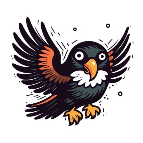 Cute black and white crow. Vector illustration isolated on white