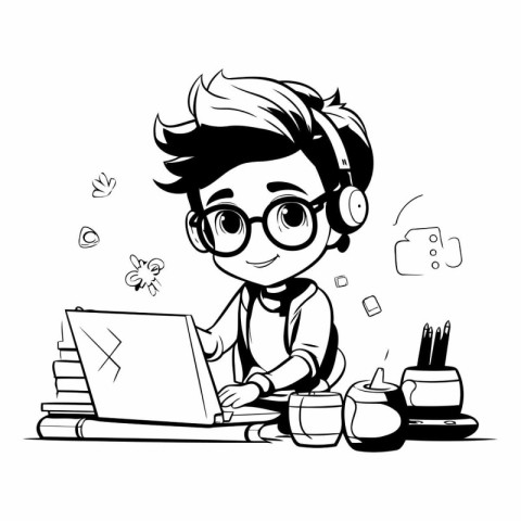 Vector illustration of a boy in glasses with a laptop and books.