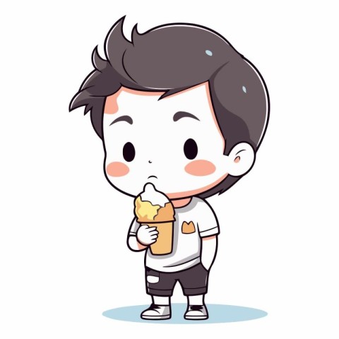 Cute boy eating ice cream in cartoon style.